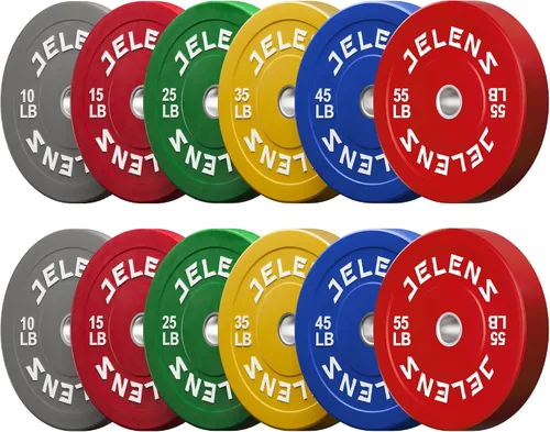 Miniatura 11 de Juego de Placas de Peso para Barra Olímpica JELENS, Juego de Pesos de Goma de 2 Pulgadas Negro/Colorido para Entrenamiento de Fuerza y Levantamiento