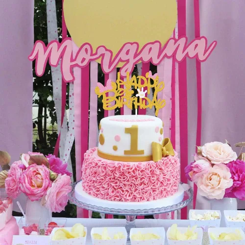 Miniatura 6 de Decoración de pastel de cumpleaños inspirada en Minnie con purpurina rosa y dorada con lazos rosas y guantes blancos para fiesta de cumpleaños