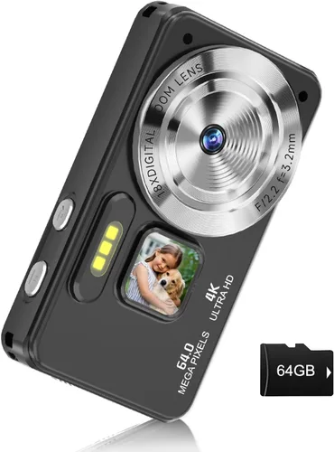 Cámara digital, enfoque automático 4K 64MP apuntar y disparar cámaras digitales para adolescentes con tarjeta de 64 GB, zoom 18X cámara de video