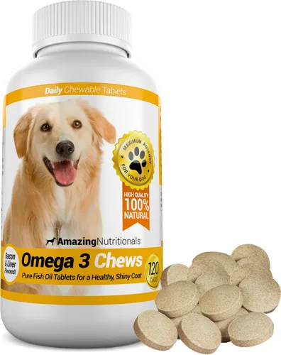 Amazing Omega 3 para perros, suplemento de aceite de pescado, 120 masticables de tocino, vitaminas para perros para aliviar la picazón en la piel,