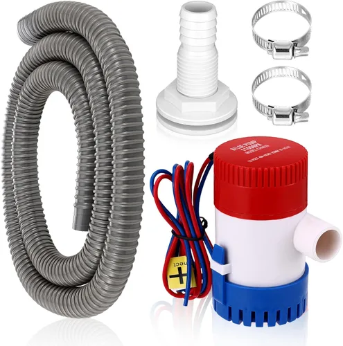 Lounsweer Kit de plomería de bomba de sentina de 5 piezas, incluye bomba de agua de sentina eléctrica de 12 V, 2 abrazaderas de manguera de PVC, Gris