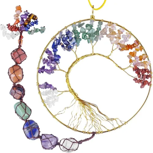 Miniatura 2 de rockcloud Cristales curativos 7 piedras de chakra, árbol de la vida, colgador de pared, piedras preciosas caídas, adorno colgante y 10 piezas