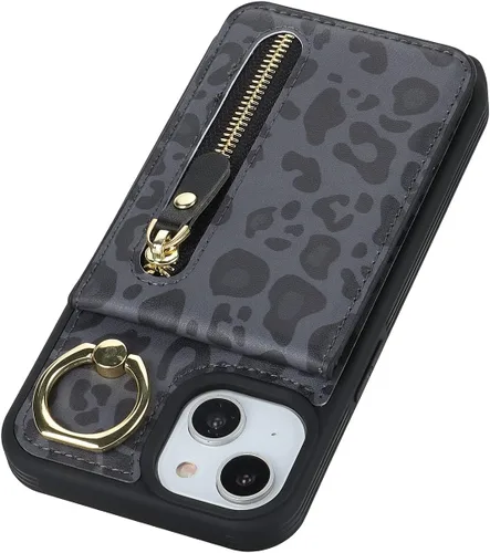 Miniatura 8 de Funda para iPhone 13 mini con tarjetero y correa para mujer, bolsa cruzada con soporte de anillo con cremallera para Apple 13mini, leopardo negro