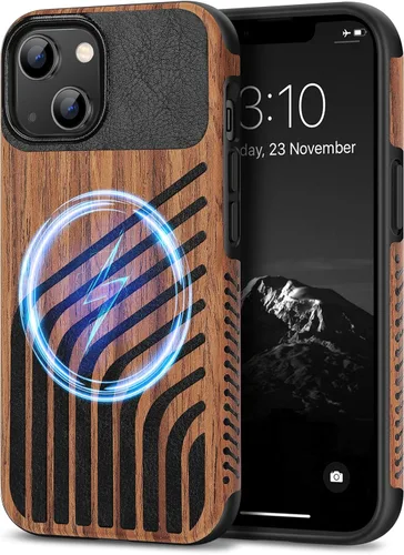 Miniatura 31 de TENDLIN Funda Magnética Compatible con iPhone 14 Plus Funda de Madera con Textura de Fibra de Carbono Diseño Híbrido de Cuero Cubierta Delgada Negro