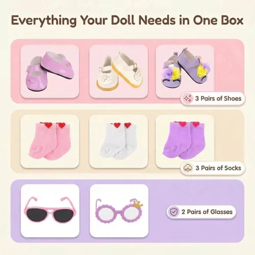 Miniatura 3 de MSYO Juego de 8 zapatos y accesorios de muñeca de 18 pulgadas, 3 pares de calzado de muñeca de moda, 3 pares de calcetines de corazón + 2 pares