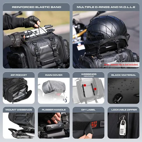 Miniatura 5 de Rhinowalk Bolsa para sillín de motocicleta, bolsa trasera de motocicleta, impermeable, expandible, bolsa de viaje para deportes motorizados
