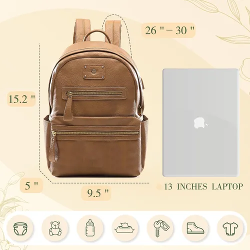 Miniatura 3 de miss fong Bolsa de pañales pequeña para viaje, de cuero, mochila para pañales de bebé con 7 bolsillos con cargador USB y 2 bolsillos aislados