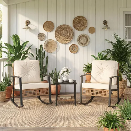 COSIEST Juego de 3 sillas mecedoras para exteriores, muebles de patio de ratán con cojines gruesos y cálidos beige y mesa auxiliar de almacenamiento