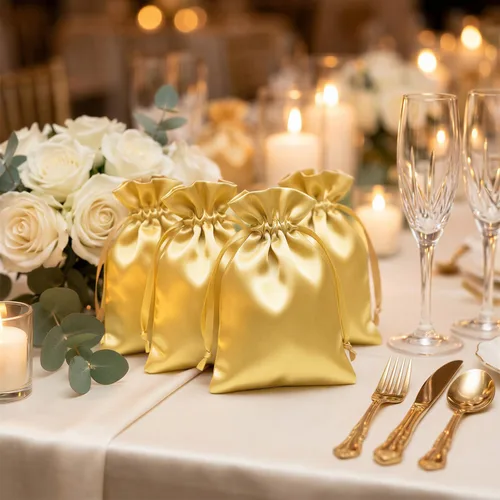 Miniatura 7 de Bolsas de regalo de satén dorado de 4" x 6" pulgadas, bolsas de joyería, bolsas de favor de boda con cordón, baby shower, Navidad, 50 por paquete