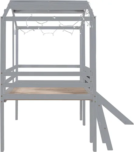 Miniatura 6 de CITYLIGHT Cama loft de madera para niños con tobogán, pizarra, tira de luz y techo, marco de cama de tamaño individual con barandillas de seguridad