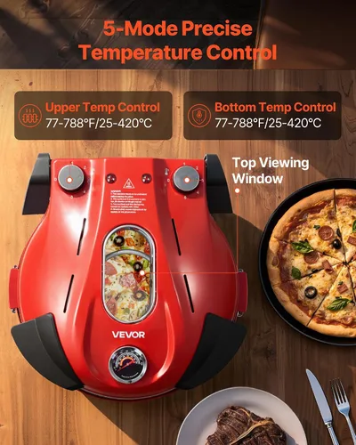 Miniatura 4 de VEVOR Horno para pizza, máquina eléctrica de pizza de 12 pulgadas, cocina de encimera de 1200 W con piedra de cordierita, perilla de control de Rojo