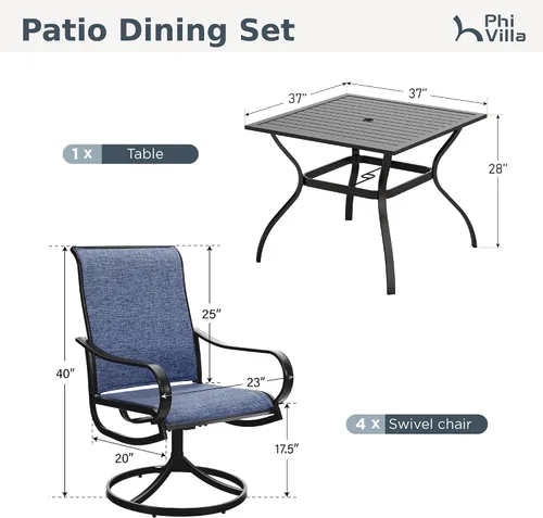 Miniatura 8 de PHI VILLA Juego de comedor de 5 piezas para patio al aire libre con sillas giratorias (azul) y mesa de comedor de acero de metal de 37 x 37 pulgadas