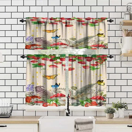 Miniatura 4 de Cortina de cocina de hongos, fresa con plantas verdes, flores silvestres, estrellas doradas, mariposa, dormitorio, comedor, cafetería, oficina, sala