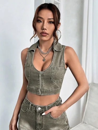Miniatura 4 de WDIRARA Camiseta sin mangas con cuello redondo y bolsillos parcheados para mujer