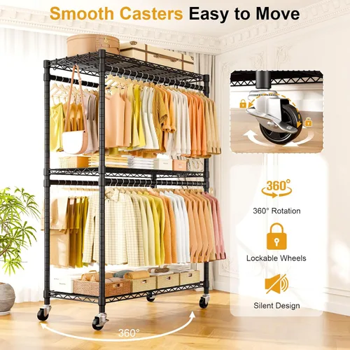 Miniatura 6 de ULIFHOME P5 Plus - Perchero resistente para colgar ropa, perchero de metal con ruedas, estante portátil de 3 niveles para armario de 45 pulgadas