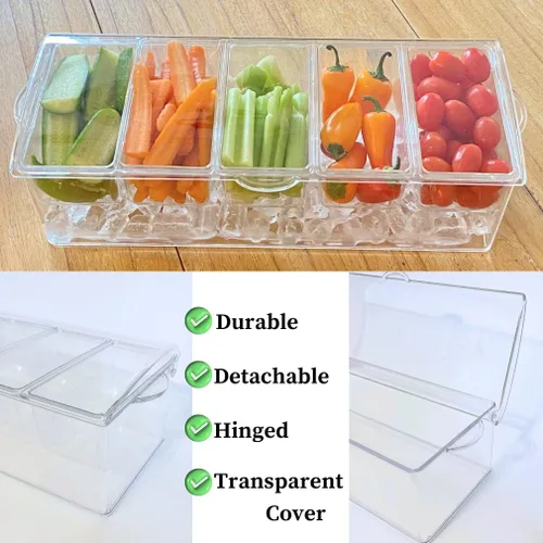 Miniatura 3 de Evelots Ice Chilled - Bandeja de condimentos de 5 compartimentos con tapa con bisagras, recipiente de plástico para servir para adornos, perfecto