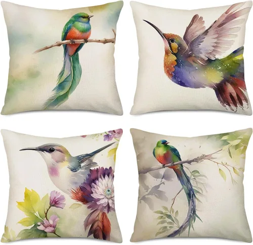 Juego de 4 fundas de almohada con diseño de colibríes de acuarela, Quetzal resplandeciente de pájaros verdes de naturaleza, fundas de cojín