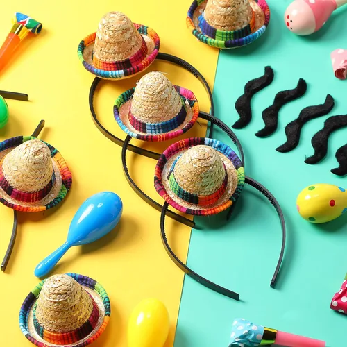 Miniatura 4 de Pasimy Juego de 12 sombreros de fiesta de mini sombrero, bigotes falsos, 6 diademas mexicanas con 6 bigotes para disfraz de Halloween