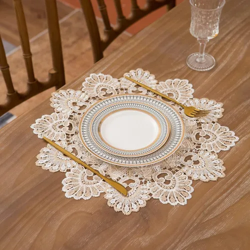 Miniatura 2 de Manteles europeos de encaje jacquard antiguo, pequeño, de lino bordado de granja, bufanda, mantel rústico (forma de flor, diámetro de 15.7 pulgadas)