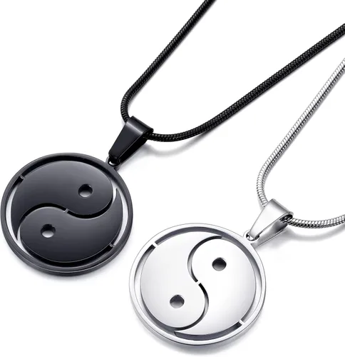 MOO&LEE Yin Yang - Collar con colgante para hombres y mujeres, cadena de serpiente de acero inoxidable de 22 pulgadas, collar BFF para 2, Acero