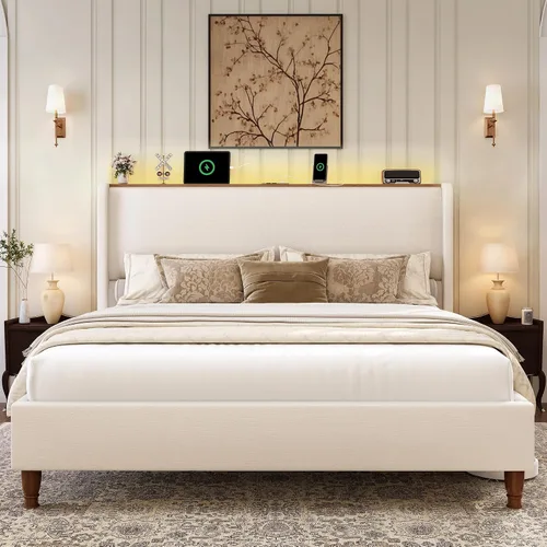Miniatura 9 de LARMACE Base de cama tamaño Queen con luces LED y estación de carga, base de cama de plataforma tapizada de lino con cabecera de 51.2 pulgadas