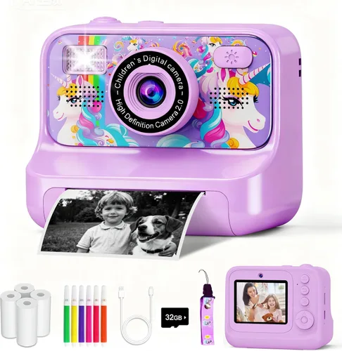 Miniatura 10 de Cámara para niños, Cámara de impresión instantánea mejorada, Cámara digital selfie dual delantera y trasera con videos de 1080P, juguete de viaje
