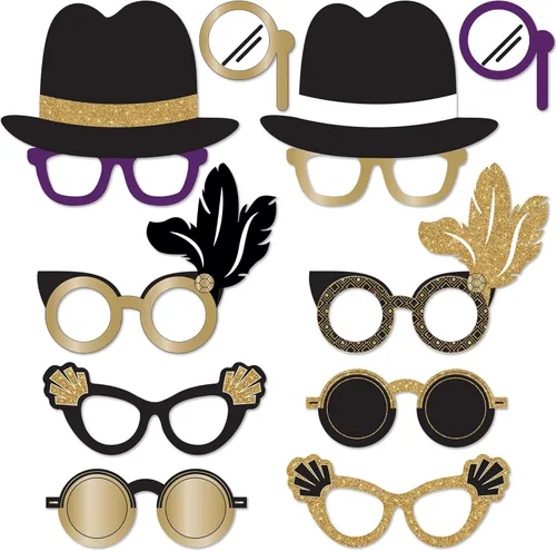 Accesorios para cabina de fotos – Gafas de fiesta temática de los años 20 – Negro y dorado, 10 piezas – Twenties, Jazz, Gatsby, Vintage, Año Nuevo –