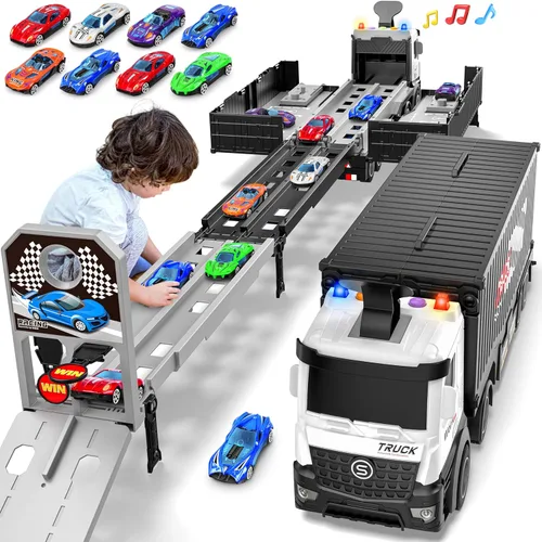 Camión de carreras para niños, juguete plegable de 3 capas para niños, camión de juguete para transportar autos y 8 autos de carreras, juguetes para
