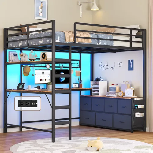 Miniatura 12 de DICTAC Cama alta individual con escritorio en forma de L, luces LED, estación de carga LED de metal para niños, cama tipo loft tamaño individual
