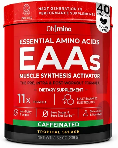 Miniatura 10 de Ohmino BCAA + EAA en polvo, suplemento de aminoácidos, bayas, 40 porciones Los 9 aminoácidos esenciales, fórmula patentada, electrolitos