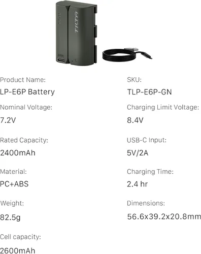 Miniatura 9 de Tilta Batería recargable LP-E6P con entrada USB-C de 2400 mAh Compatible con Canon EOS R5 Mark II, R6 Mark II, R7, R6, R5, R5C, R, 5D Mark IV, 6D