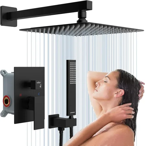 Miniatura 26 de Juegos de sistema de grifería de ducha negros: EMBATHER Juego combinado de ducha con cabezal de lluvia superior de 10 pulgadas con ducha de mano