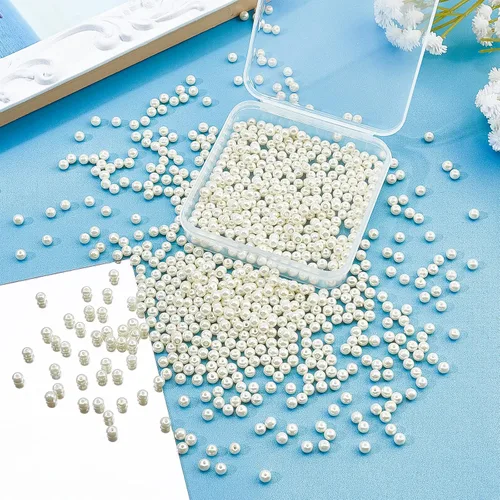Miniatura 2 de Pandahall Elite, perlas pequeñas redondas brillosas. Canutillos surtidos de raso para joyas. Paquete de caja redonda., Vidrio, 4mm Blanco crema