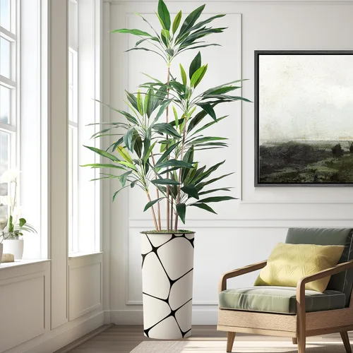 Miniatura 11 de Árbol artificial en macetero con patrón geométrico, palmera tropical areca artificial de seda para decoración del hogar en interiores y exteriores