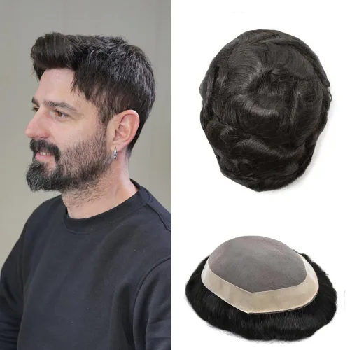 Miniatura 71 de Toupee - Sistema de reemplazo de cabello para hombre, cabello humano tipo tupé, negro, gris, marrón, rubio, protesis capilar para hombre