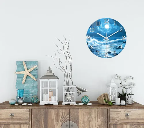 Miniatura 5 de XFM Reloj de pared azul con pilas, 12 pulgadas, silencioso, sin tictac, de cristal, luna, océano, ondas, relojes redondos para decoración de cocina