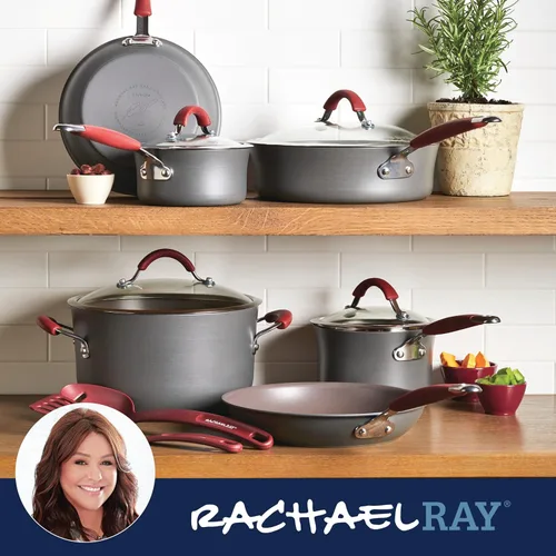 Miniatura 7 de Rachael Ray - 87630 Rachael Ray Cucina Juego de Utensilios de Cocina de Ollas y Sartenes Antiadherentes Anodizadas Duras, 12 Piezas, Gris con Asas