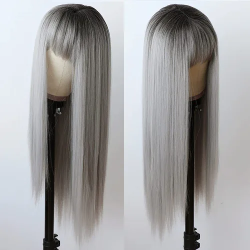 Miniatura 10 de Maycaur Pelucas de cabello sintético de color rubio con flequillo completo #613, color largo y liso, resistente al calor, pelucas sin encaje