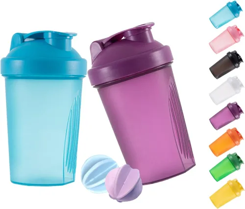 Miniatura 10 de Shaker Bottle - Batido de proteínas y botella agitadora de 16 onzas/13.5 fl oz con bolas batidoras, plástico sin BPA (azul + rosa (2 unidades)