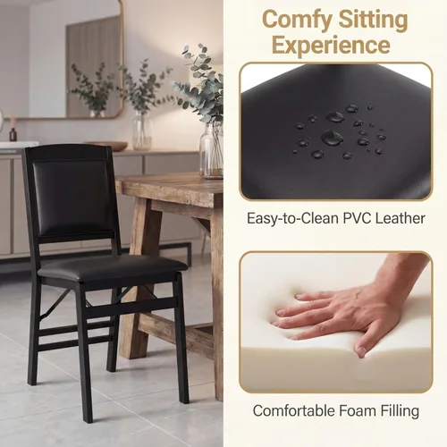 Miniatura 5 de GOFLAME Folding Dining Chairs Set of 2, Faux Leather Upholstered Kitchen Chairs with Padded Seat and Backrest, Solid Wood Foldable Chairs for Living
