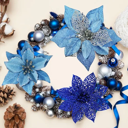 Miniatura 9 de Winlyn Púas de flores de Pascua de Navidad de 3 estilos, adornos para árbol de Navidad y 12 yardas, cinta decorativa con alambre para árbol de Azul