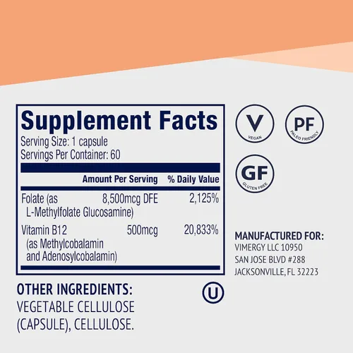 Miniatura 4 de Vimergy Cápsulas de 5-MTHF – 60 porciones (1 cápsula/porción) 8500 mcg de L-metilfolato glucosamina y 500 mcg de suplemento de vitamina B12