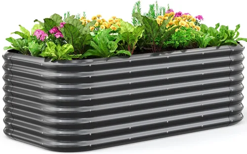Miniatura 25 de Quictent - Juego de caja de maceta de jardín galvanizado elevada, 6x3x1 pies Caja de maceta de metal ovalada para verduras, Gris oscuro