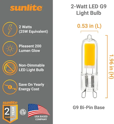 Miniatura 3 de Sunlite 41192 - Bombilla LED G9 con base de dos pines, 2 W (equivalente a halógeno de 25 W), 200 lúmenes, no regulable, 30 K, blanco cálido, paquete