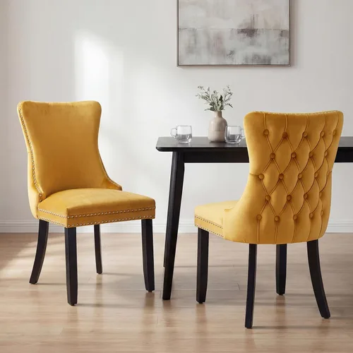 Miniatura 17 de OVENTA Juego de 4 sillas de comedor modernas tapizadas con respaldo completo, sillas de comedor de terciopelo dorado con patas de madera maciza