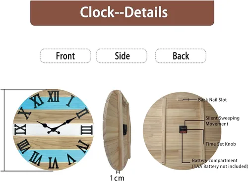 Miniatura 4 de Reloj de pared de madera maciza azul para sala de estar, estilo granja, reloj de pared redondo de 12 pulgadas, funciona con pilas, silencioso