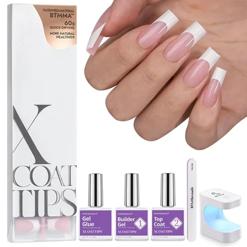 Miniatura 21 de BTArtboxnails XCOATTIPS - Uñas a presión, puntas cortas de almendra con gel de uñas, dúo protector francés, lámpara de uñas, gel suave todo en uno
