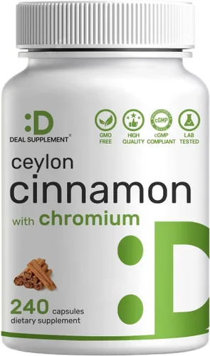 Canela de Ceilán con Cromo 1000mcg, 240 Cápsulas | Extracto de corteza interna activa, verdadera fuente de Sri Lanka | Suplementos naturales de