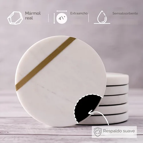 Miniatura 3 de Cork & Mill Juego de 6 posavasos de mármol, decoración moderna y estética de lujo para mesa de café, mármol blanco con incrustaciones de latón