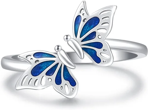 Cuoka Anillos de mariposa de plata de ley 925, hipoalergénicos, aceite de goteo, joyería de mariposa azul, regalo para el día de la madre, para